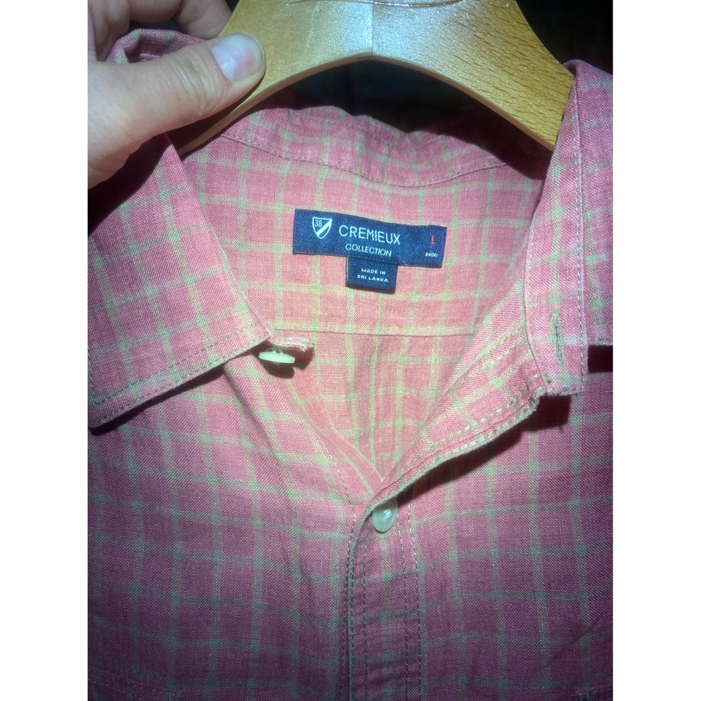 Cremieux Collection Mens Large‎ Pink Green Plaid 100% Linen Short Sleeve Shirt L
